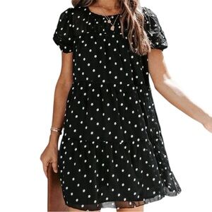 Blu Pepper Polka Dot Tiered Babydoll Dress Black White Puff Sleeve Mini Medium